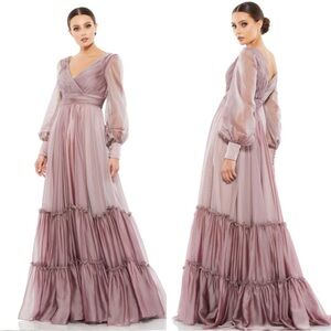 NWT Mac Duggal Purple Faux Wrap Illusion Bishop Sleeve Tiered Gown Size 2